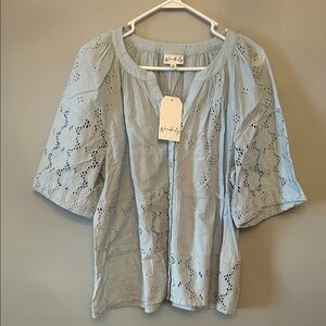Wonderly Blue Eyelet Women's Short Sleeve Top, Size XL